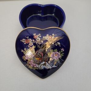 Vintage Dark Blue Porcelain Heart Shaped Trinket Box Japan